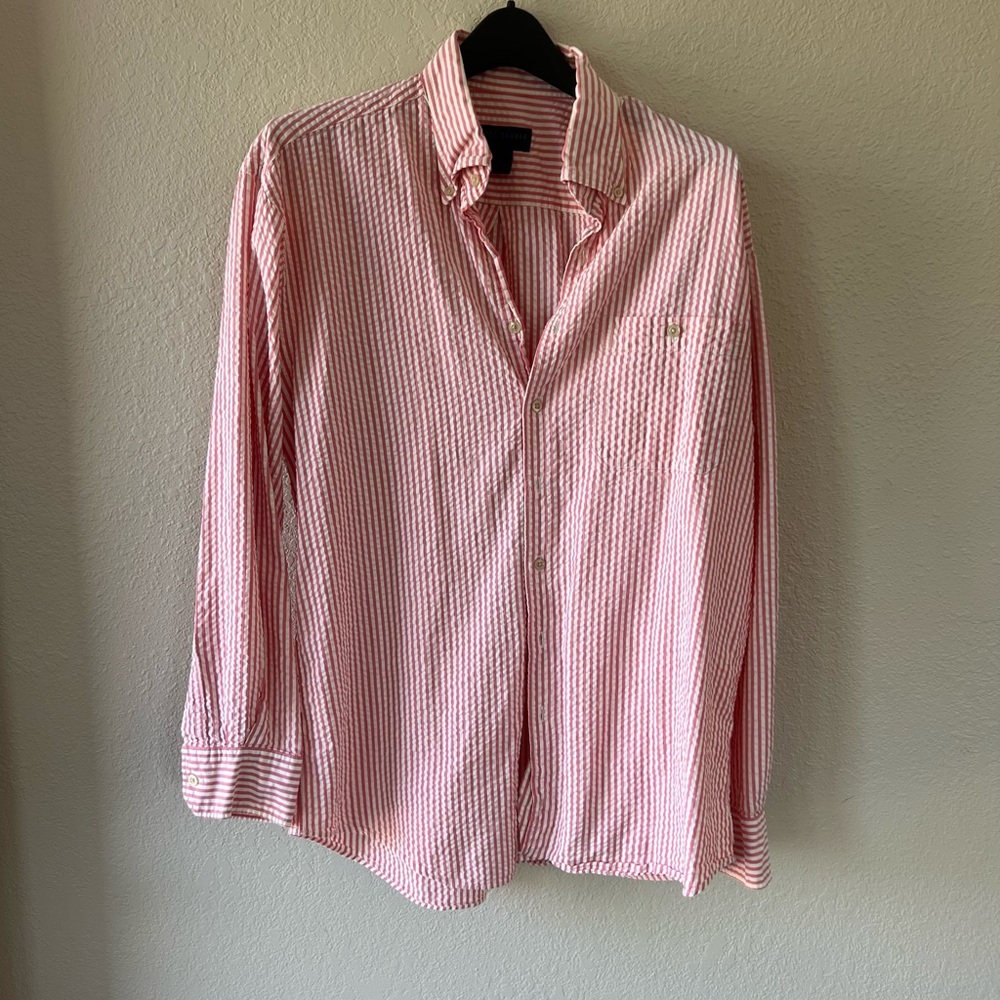 Scott Barber Large, Rose Pink White Stripes,  Seersucker Fabric, Button Down
